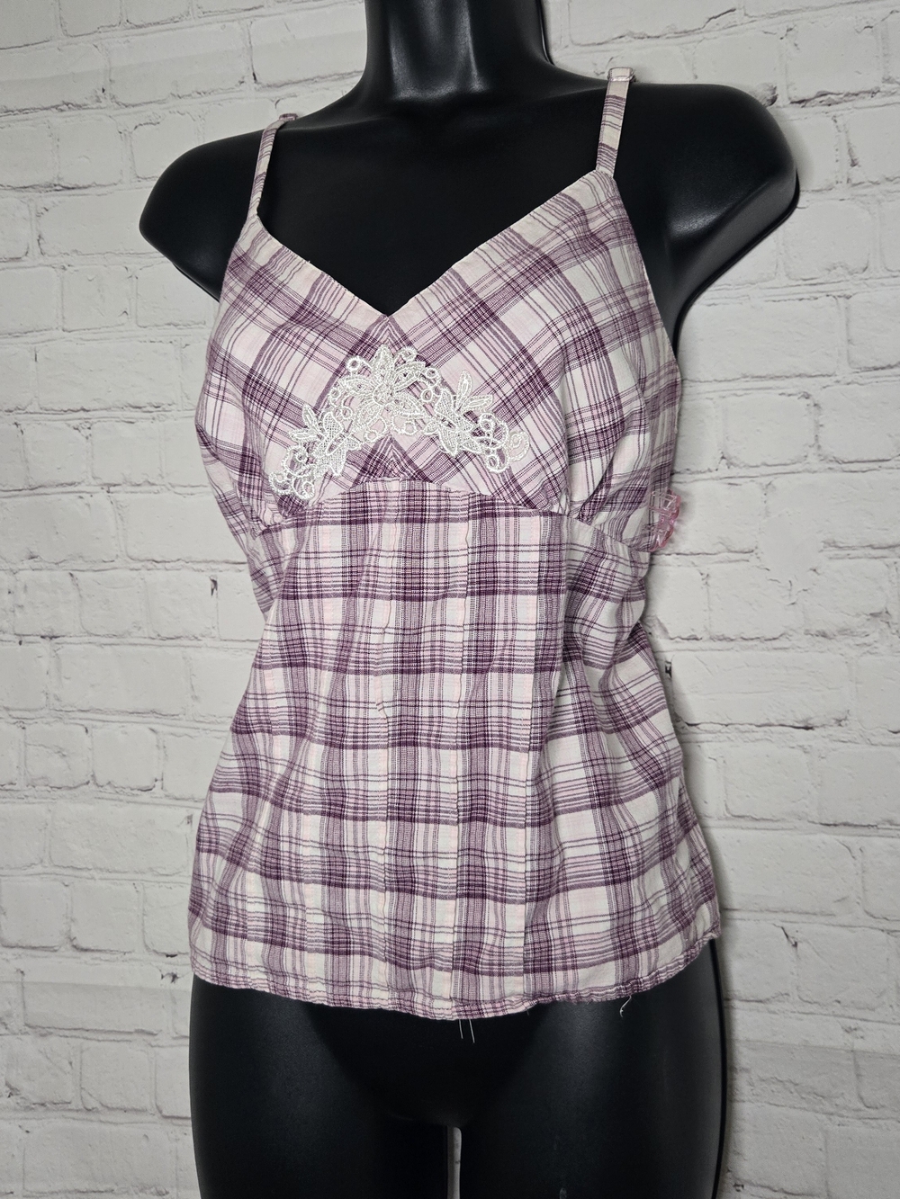 Cato 100% cotton white + purple plaid babydoll cami top with lace